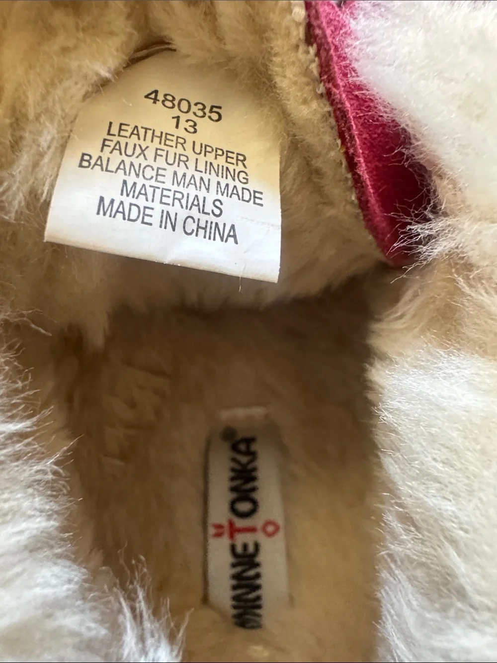 Minnetonka Pink Suede Moccasins with Cream Faux Fur Trim for Kids